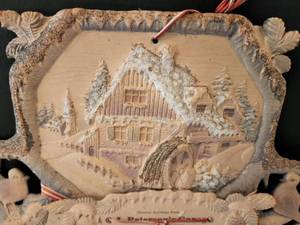 lot 589 image: Vintage Pressed Cardboard Advertisement & Christmas Postcard