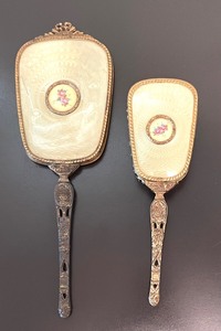 lot 92 image: Vintage Vanity Tray, Mirror and Brush Grouping