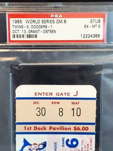1965 Wotld Series Game 8 Twins-Dodgers PSA Graded Ex-Mt 8 Ticket