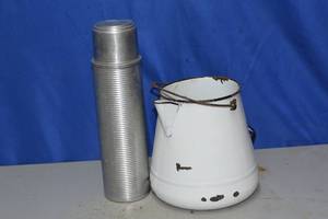 Vintage Aluminum Ribbed Thermos with original cork stop and kettle
