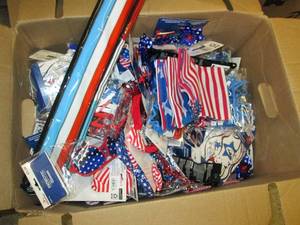box of patriotic glass, bandanas an...