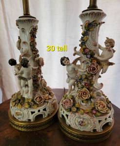lot 43 image: Antique Dresden () Porcelain Cherub Table Lamps, as
