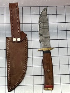 Damascus Steel Knife With Custom Handle & Leather Sheathe