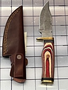 Damascus Steel Knife With Custom Handle & Leather Sheathe