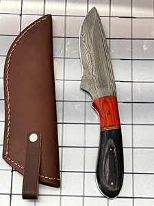 Damascus Steel Knife With Custom Handle & Leather Sheathe