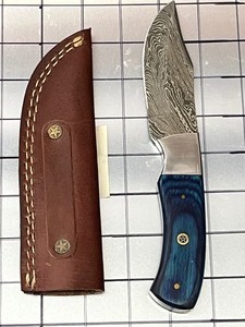 Damascus Steel Knife With Custom Handle & Leather Sheathe