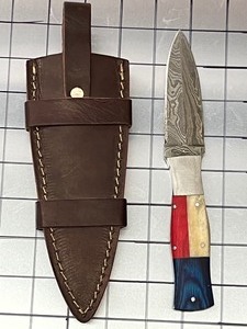Damascus Steel Knife With Custom Handle & Leather Sheathe