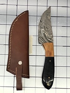 Damascus Steel Knife With Custom Handle & Leather Sheathe