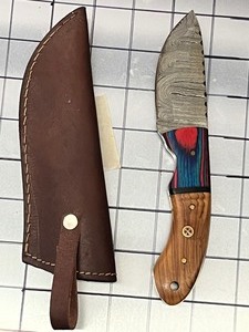 Damascus Steel Knife With Custom Handle & Leather Sheathe