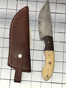 Damascus Steel Knife With Custom Handle & Leather Sheathe