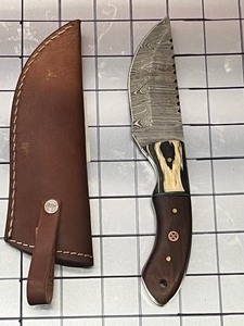 Damascus Steel Knife With Custom Handle & Leather Sheathe