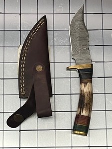 Damascus Steel Knife With Custom Handle & Leather Sheathe