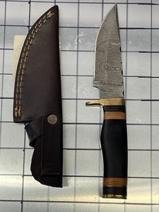 Damascus Steel Knife With Custom Handle & Leather Sheathe