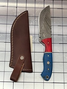 Damascus Steel Knife With Custom Handle & Leather Sheathe