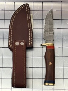 Damascus Steel Knife With Custom Handle & Leather Sheathe