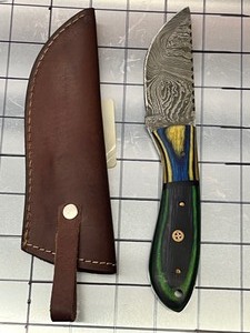 Damascus Steel Knife With Custom Handle & Leather Sheathe