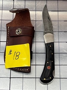 Damascus Steel Knife With Custom Handle & Leather Sheathe