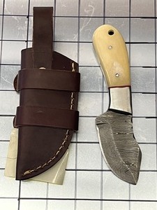 Damascus Steel Knife With Custom Handle & Leather Sheathe