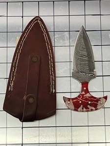 Damascus Steel Knife With Custom Handle & Leather Sheathe