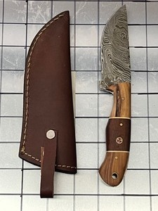 Damascus Steel Knife With Custom Handle & Leather Sheathe