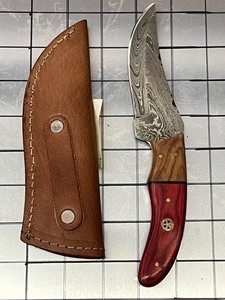 Damascus Steel Knife With Custom Handle & Leather Sheathe