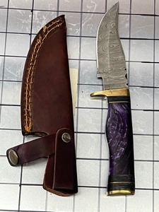 Damascus Steel Knife With Custom Handle & Leather Sheathe