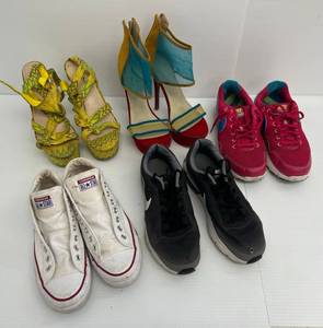 Group Of Misc. Shoes Including High Heels Nike Size 9, Converse All Stars Size 8, Nike 7Y And High Heels Size 10