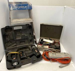 Misc. Group Of Tools Including Craftsman 16.8 Cvolt Drill (No Charger), Step Stool And More