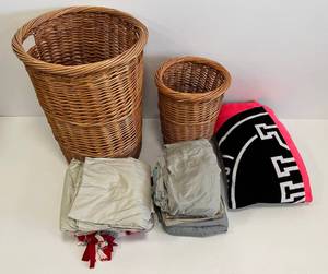 Group Including Woven Baskets 1 28 x 20 1 20 x 13 And Box Full Of Linens, Sheets, Blankets And More