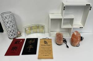 Group Of Misc. Including Wall Shelf , Porcelain Lamp (Has Small Hairline Crack On Rim), Salt Lamps And More