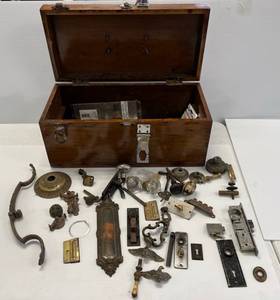 Group Of Vintage Door Hardware And Wood Tool Chest With Misc.