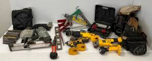 Large Group Of Construction tools Including Tool Belts, Nail Guns, Dewalt Tools (No Batteries)  And More