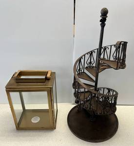 Group Including Metal And Glass Lantern And Heavy Metal Plant Holder