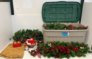 Large Group Of Christmas Decorations Including A Tote With Lighted Garland And More