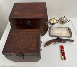 Group Of Misc. Including Two Wooden Chests 1 13 12 x 9 x 9 34 1 9 34 x 7 12 x 7 12 , Silver Plated Items And Toy Gun