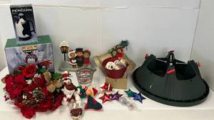 Large Group Of Christmas Decorations Including A Tote With Lighted Garland And More