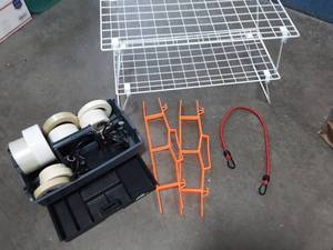 lot 6 image: Plano CaddyOrganizer With Assorted Tape, Cord Keepers, 2-Shoe Racks, Bungee Cord