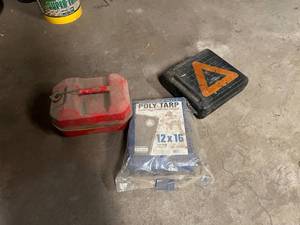 Metal Gas Can, Tarp & Portable Air Compressor