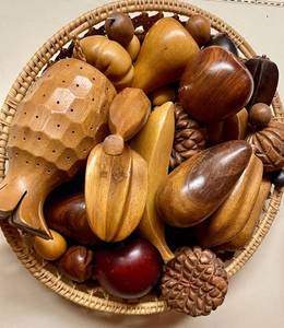 Hand Carved Wooden Fruit from Thailand in Whicker Basket&nbsp