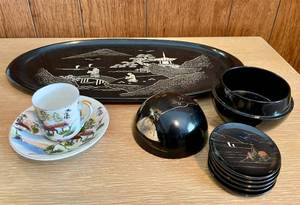 Japanese Black Laquer Platter and Coaster Set