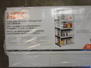lot 448 image: HDX 5-Tier Plastic Garage Storage Shelving Unit in Gray (36 in. W x 72 in. H x 24 in. D) (BRAND NEW)