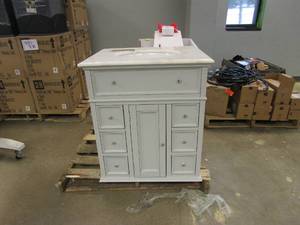 lot 450 image: Hampton Harbor 28 in. Vanity in Dove Grey with Natural Marble Vanity Top in White with White Sink (NICE CONDITION)