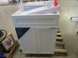 lot 451 image: GLACIER BAY All-in-One Stainless Steel 24 in Laundry Sink with Faucet and Storage Cabinet in White (BACK TOP BRACE BROKEN, CAN BE REPLACED, SEE PHOTOS)