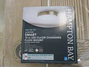 lot 471 image: HAMPTON BAY Lakeshore 13 in. Brushed Nickel Smart Hubspace CCT and RGB Selectable LED Flush Mount (NEW CONDITION)
