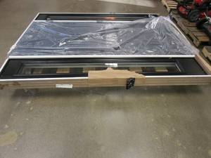 lot 481 image: 64.5 in. x 81.75 in. Element Series 2-Panel LHIS Espresso Steel Prehung Front Door w Double 12 in. Clear Glass Sidelites (DAMAGE ON TOP TRIM, SEE PHOTOS)