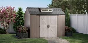 lot 399 image: RUBBERMAID 10 ft. W x 7 ft. D Plastic Storage Shed (70 sq. ft.) (BRAND NEW) MODEL NUMBER 2156398