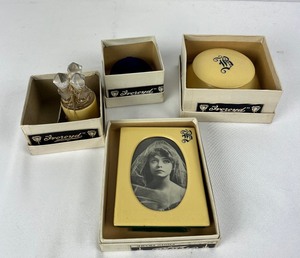 lot 12 image: Antique Ivoroyd Perfume Holder w Glass Perfume Bottles, Pin Cushion, Make up Powder and Frame