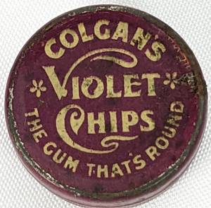 lot 92 image: 1908 Colgans Violet Chips Tin - The Gum Thats Round