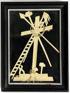 lot 91 image: 1918 Palm Sunday Art with Metal Crucifix on Standing Frame - Small Antique Religious Items