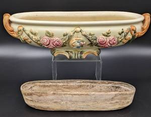 lot 89 image: Rare Weller Art Pottery Oblong Rose Compote with Pottery Planter Insert